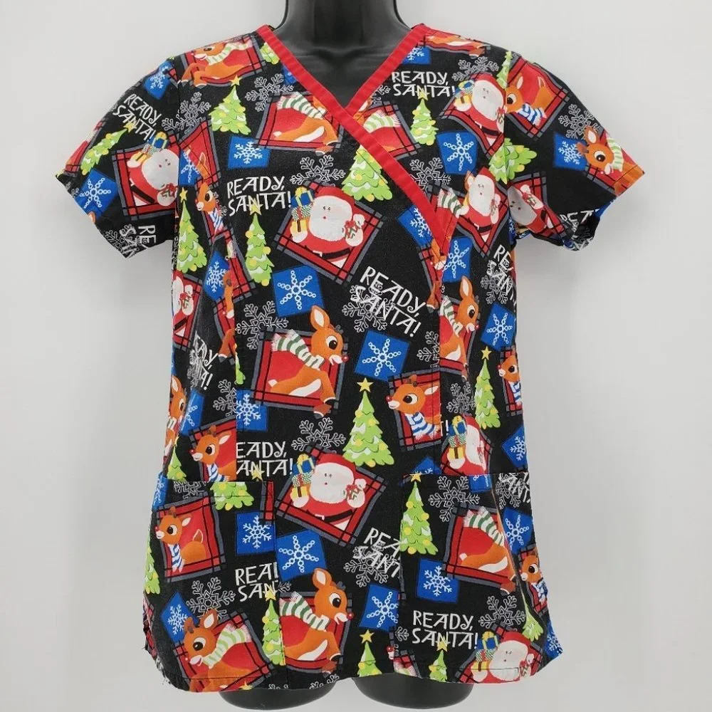 Holiday Print Women's Scrub Top - Black and Red